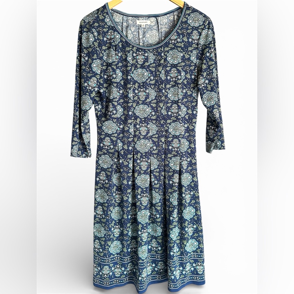 Max Studio Navy Blue and Light Blue Floral Fit-and-Flare Dress